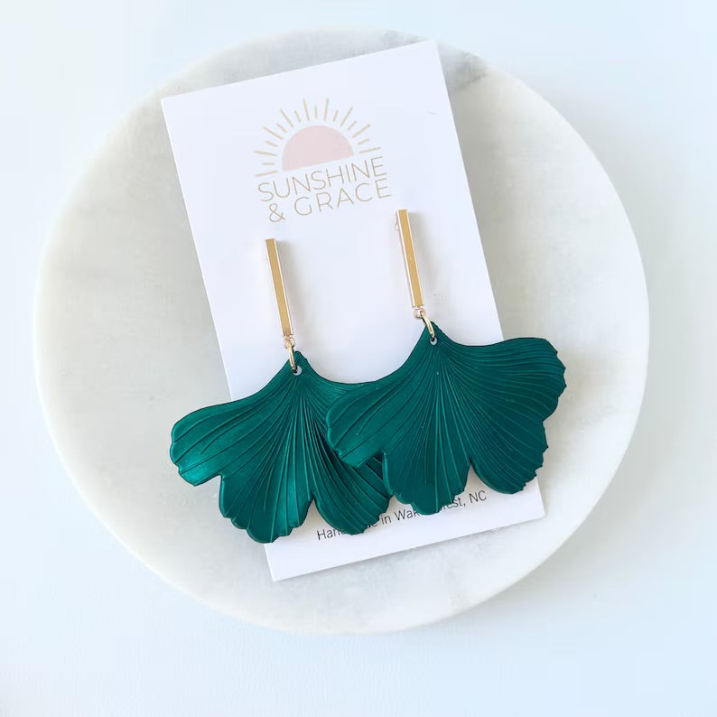 Green Ginkgo Leaf Earrings