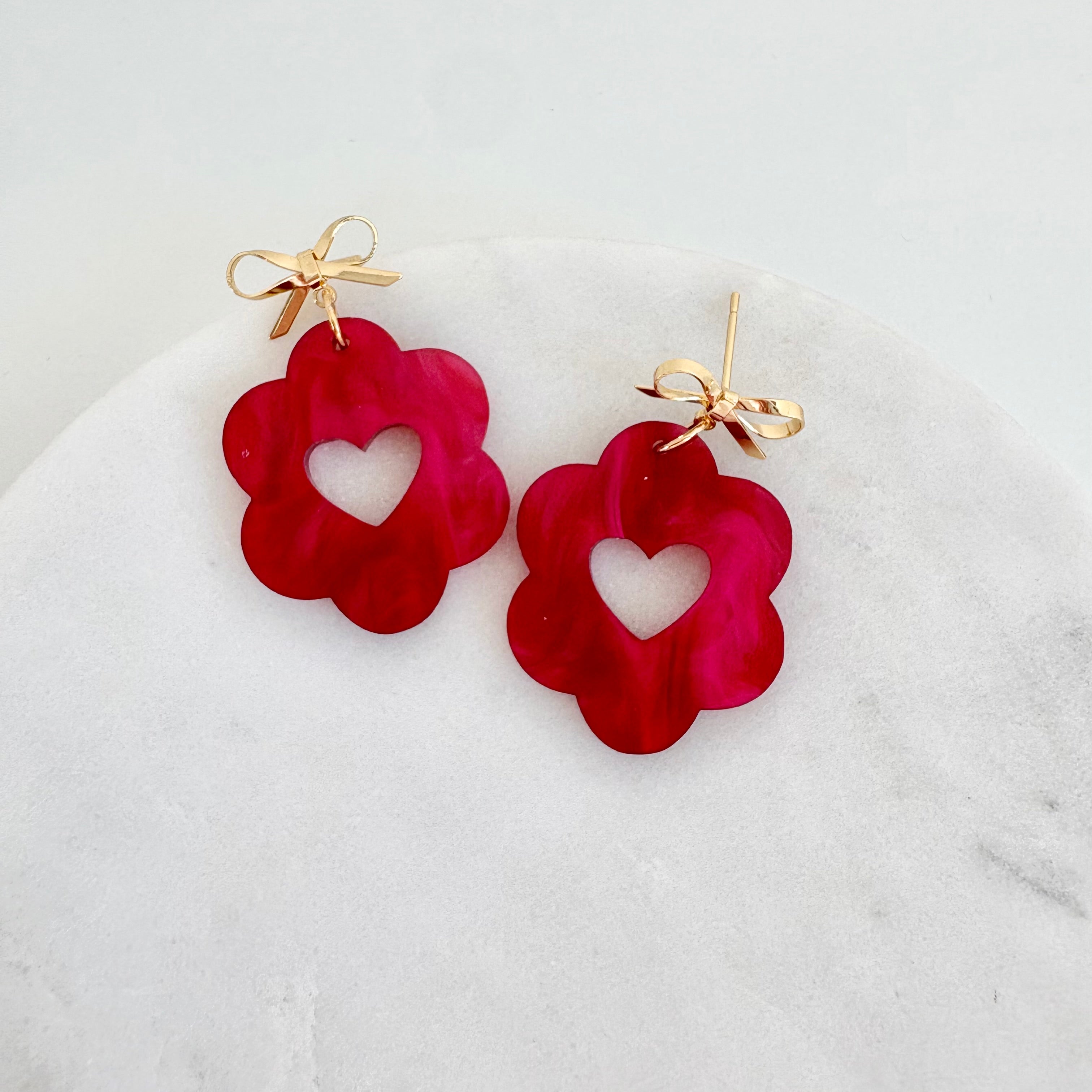 Red Pearl Scalloped Heart and Bow Earrings