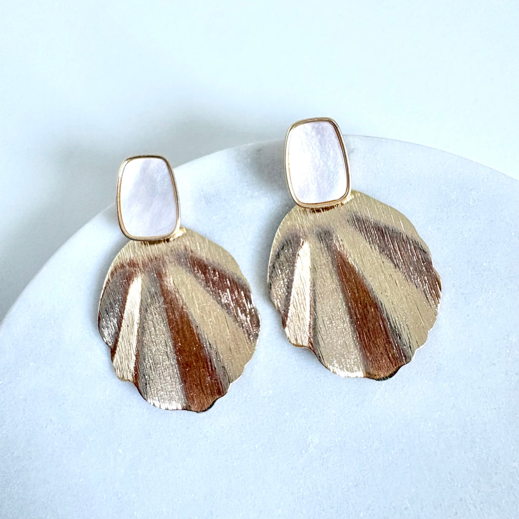 Mother of Pearl and Gold Fan Dangle Earrings