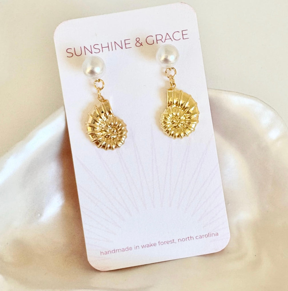 Gold Nautilus and Pearl Earrings
