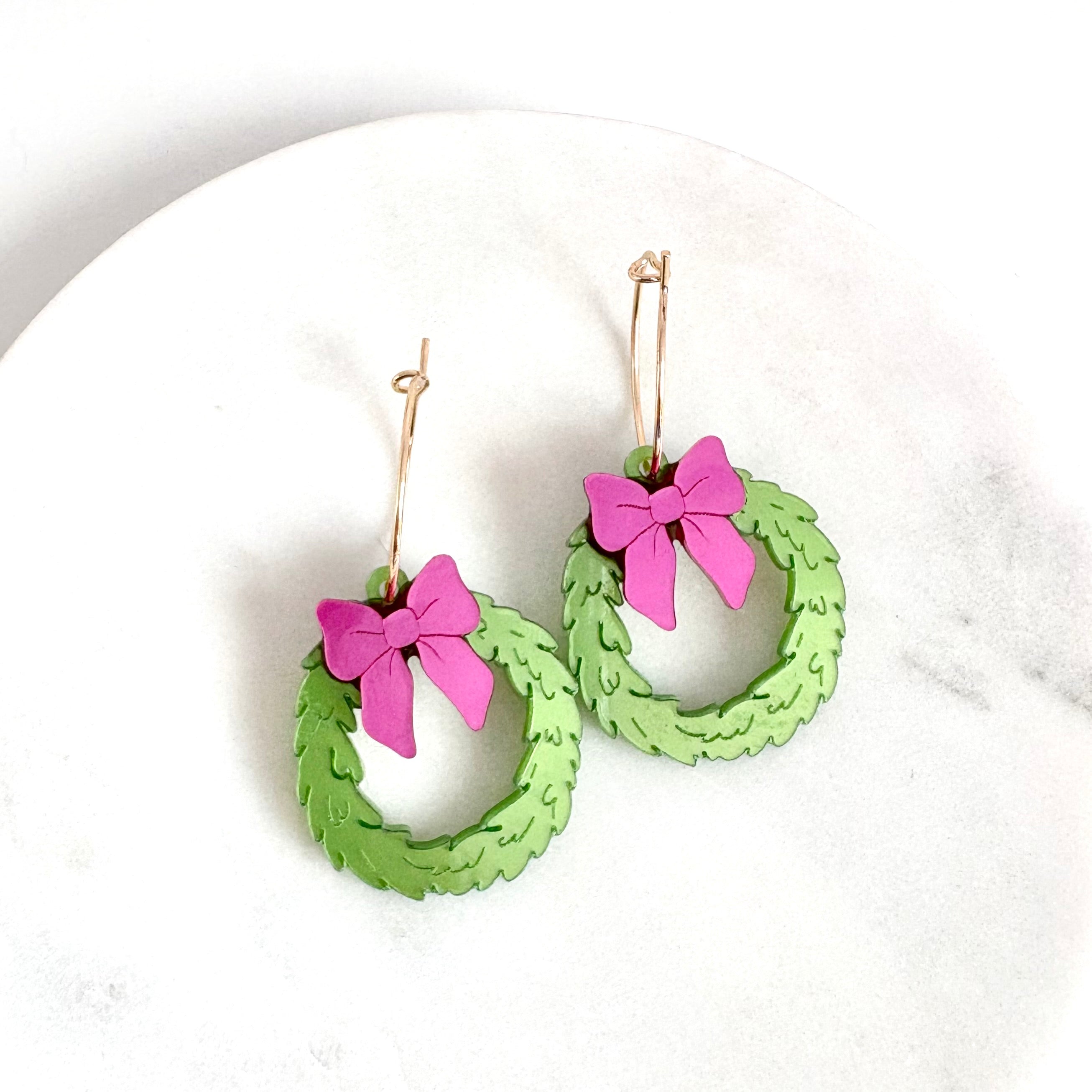 Lime Green and Magenta Christmas Wreath Hoops