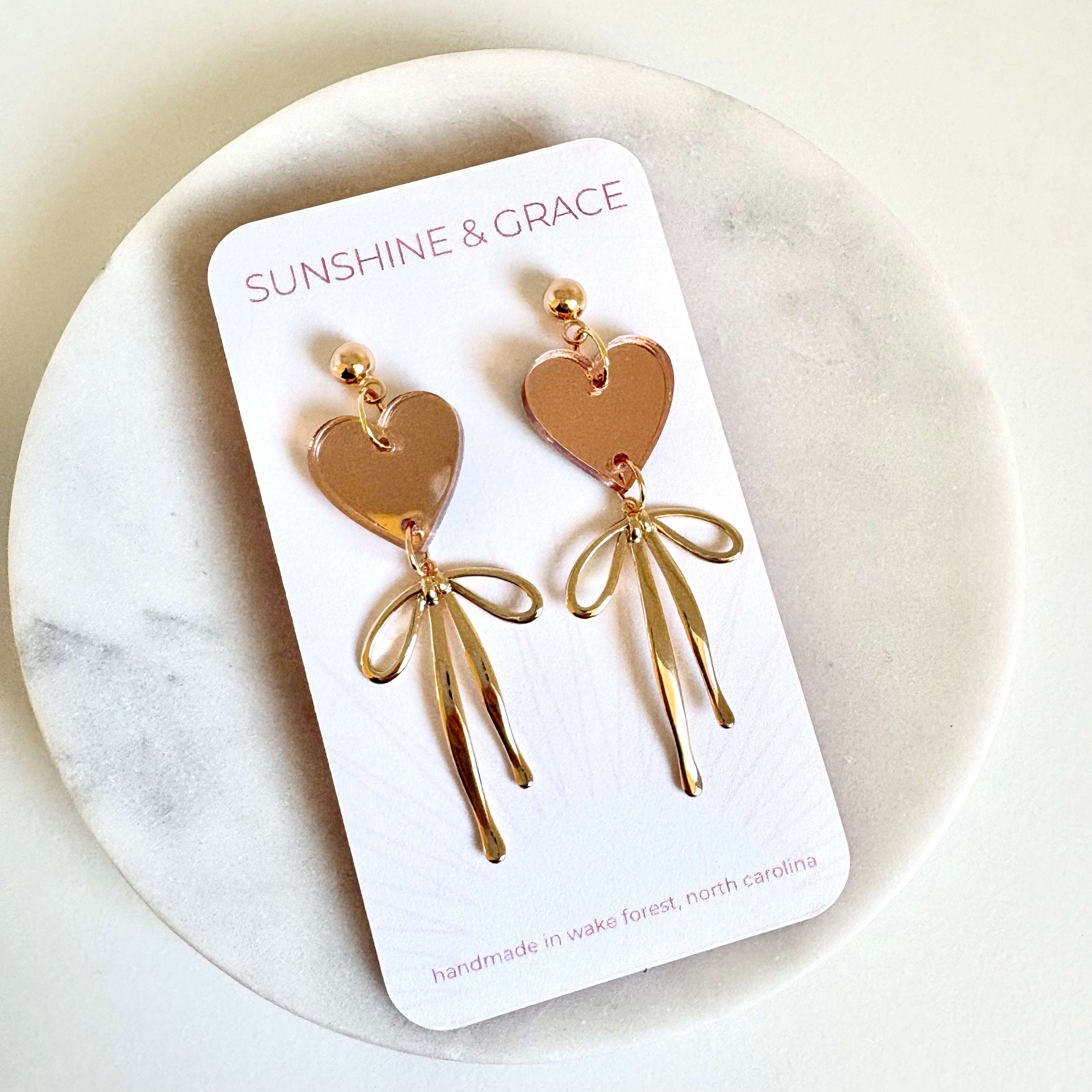 Rose Gold Heart and Bow Earrings
