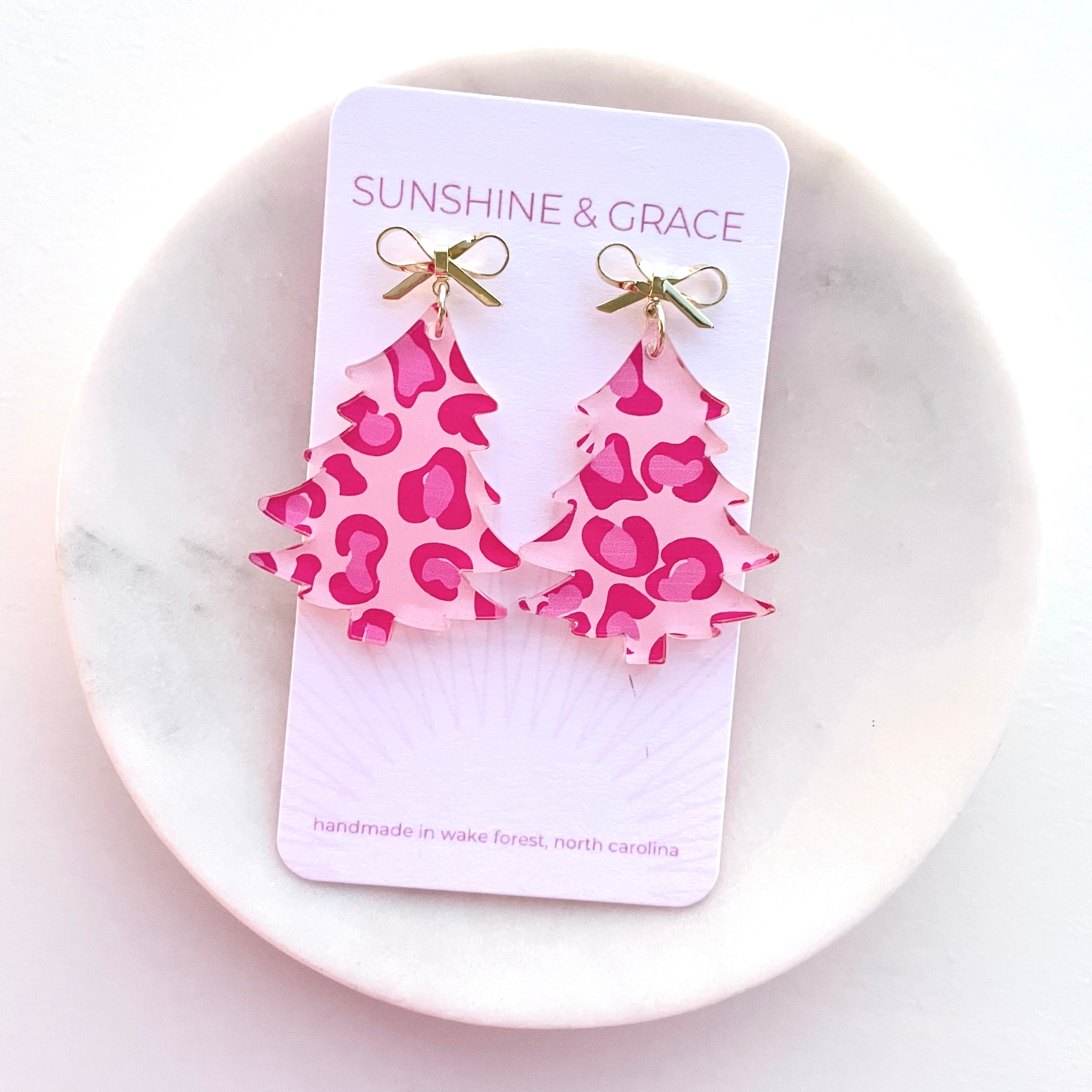 Pink Leopard Christmas Tree Earrings