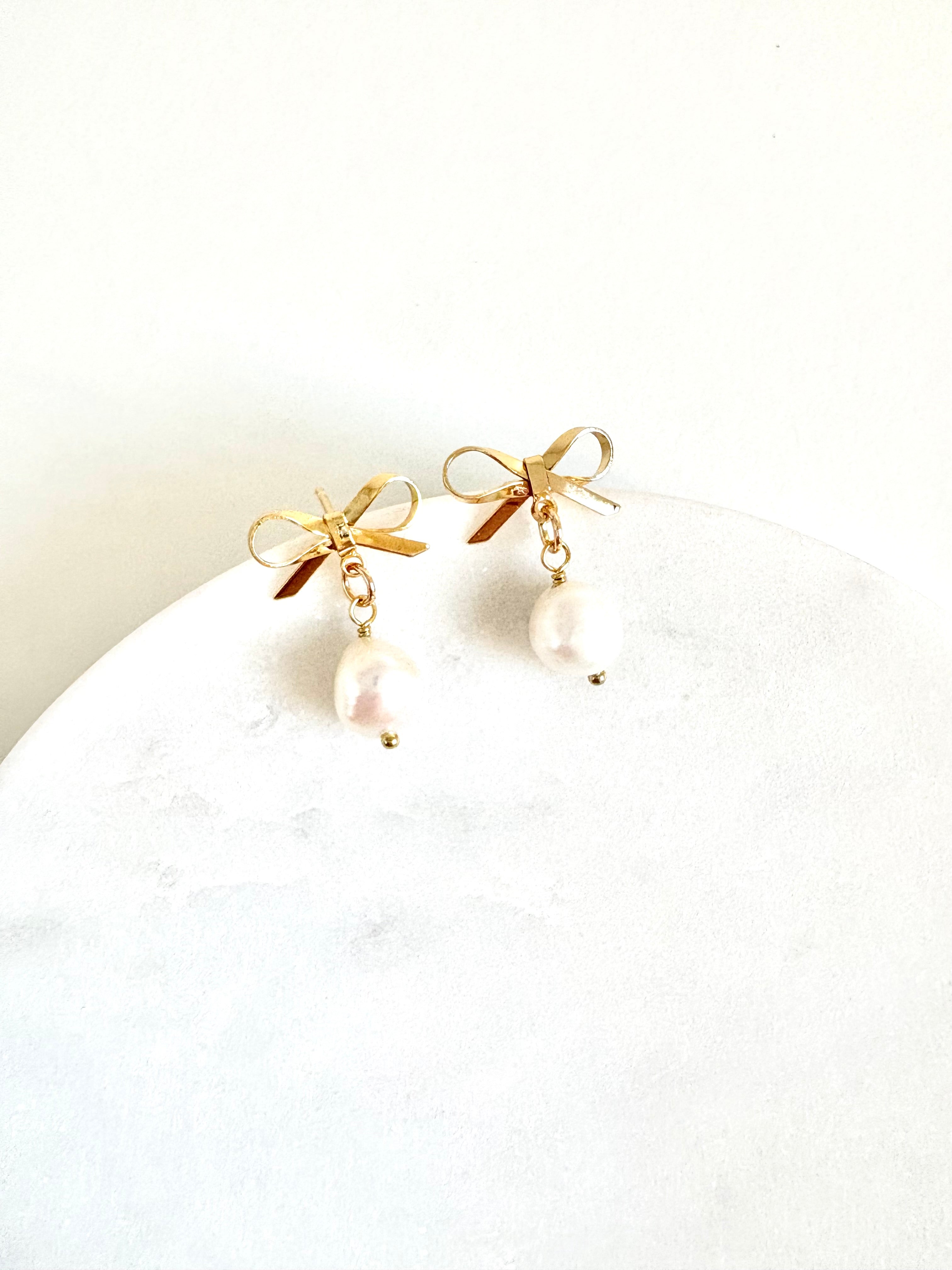 Gold Bow and Pearl Earrings