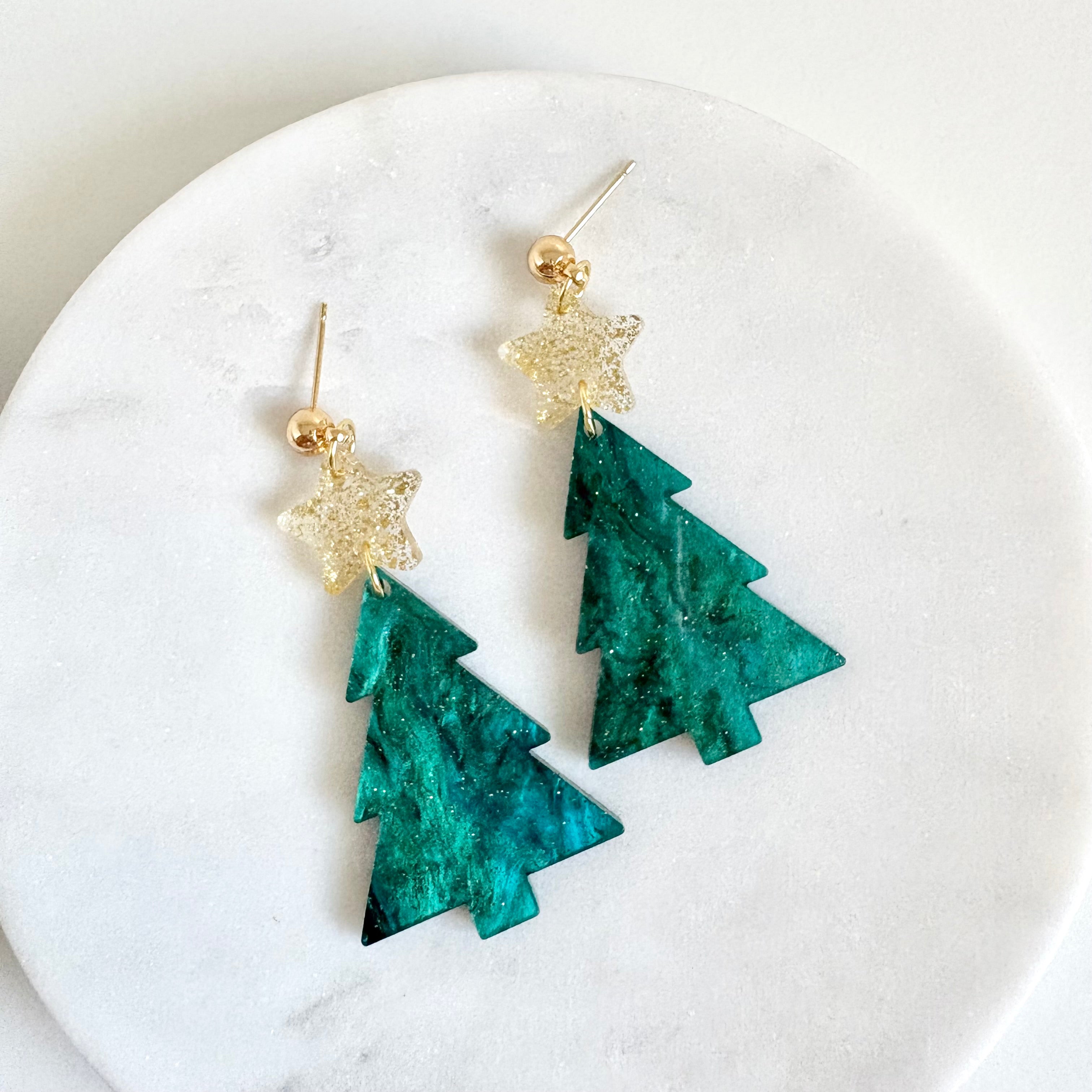 Green Sparkle Christmas Tree Earrings